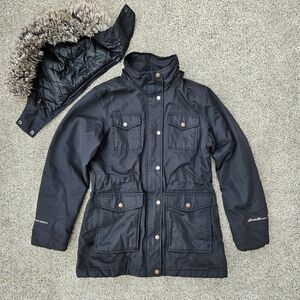 Eddie Bauer Weatheredge Black Quilted Coat Warm Zip Up Hooded Jacket Womens S